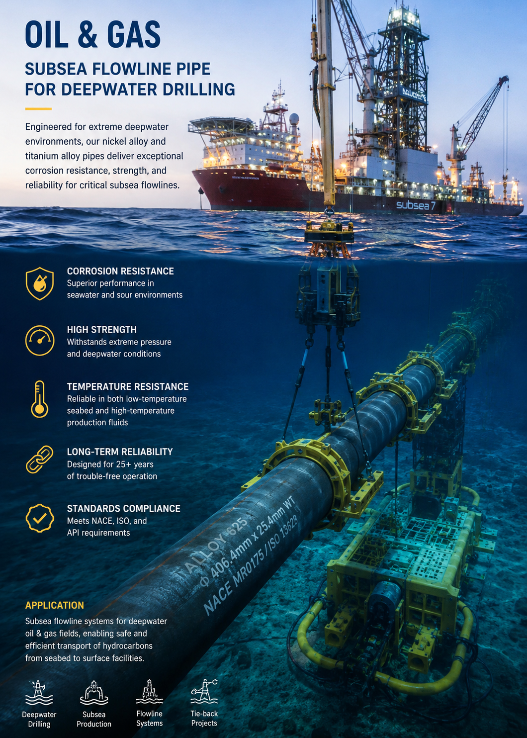 Subsea oil and gas pipeline with nickel alloy pipes